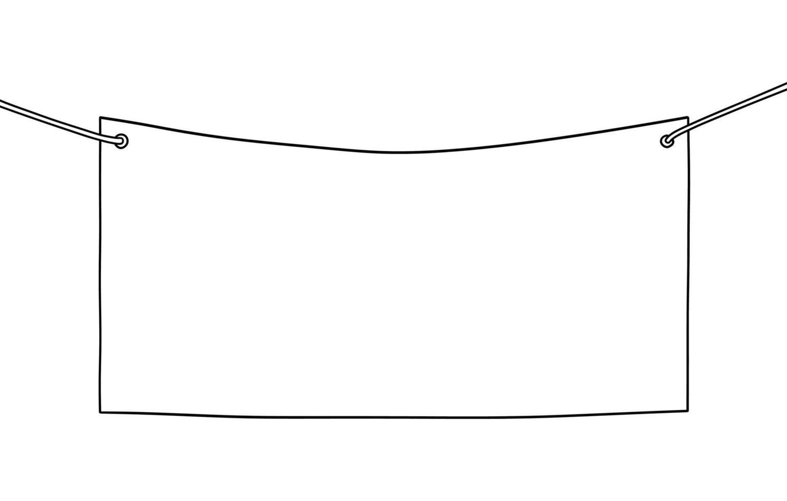 Black line drawing of a blank rectangular banner hanging from two strings vector