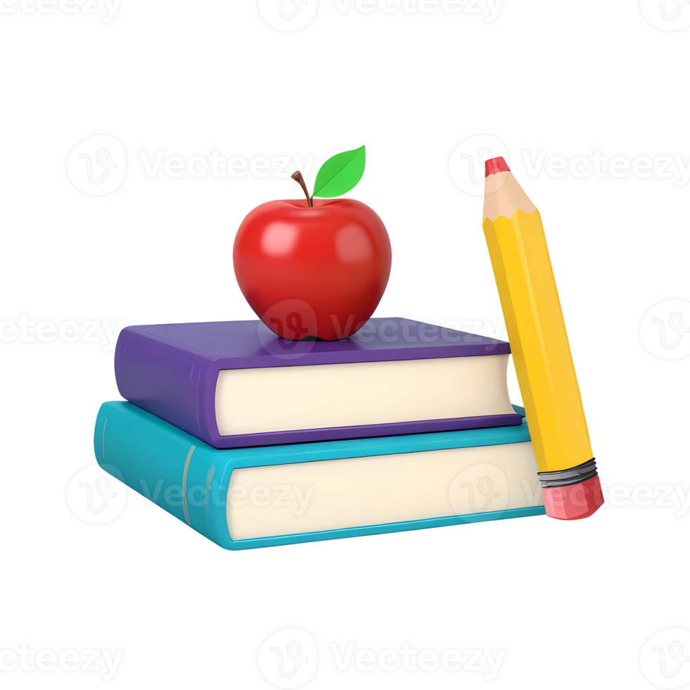 3d rendering stack of books with apple and pencil png