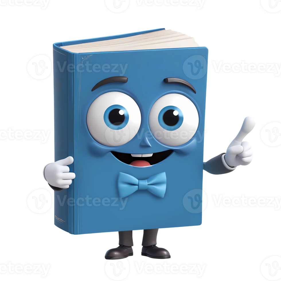 3d rendering book cartoon character with bow tie png