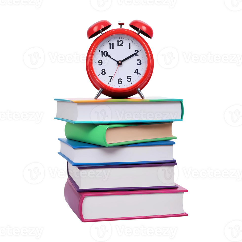 3d rendering stack of books with alarm clock png