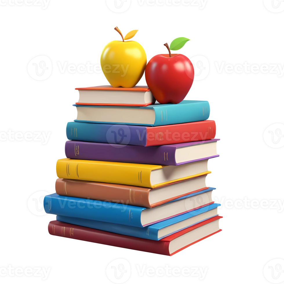 3d rendering stack of books with apples png
