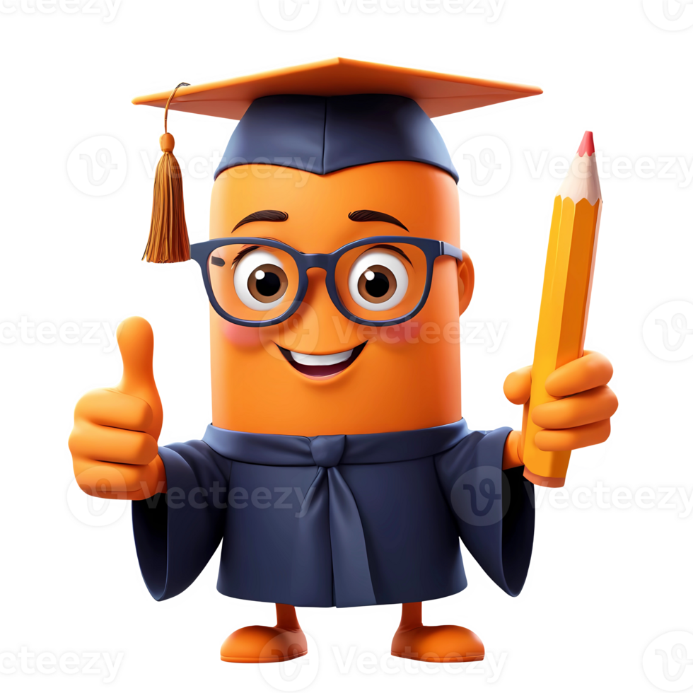 3d rendering orange cartoon character with graduation cap and holding pencil png