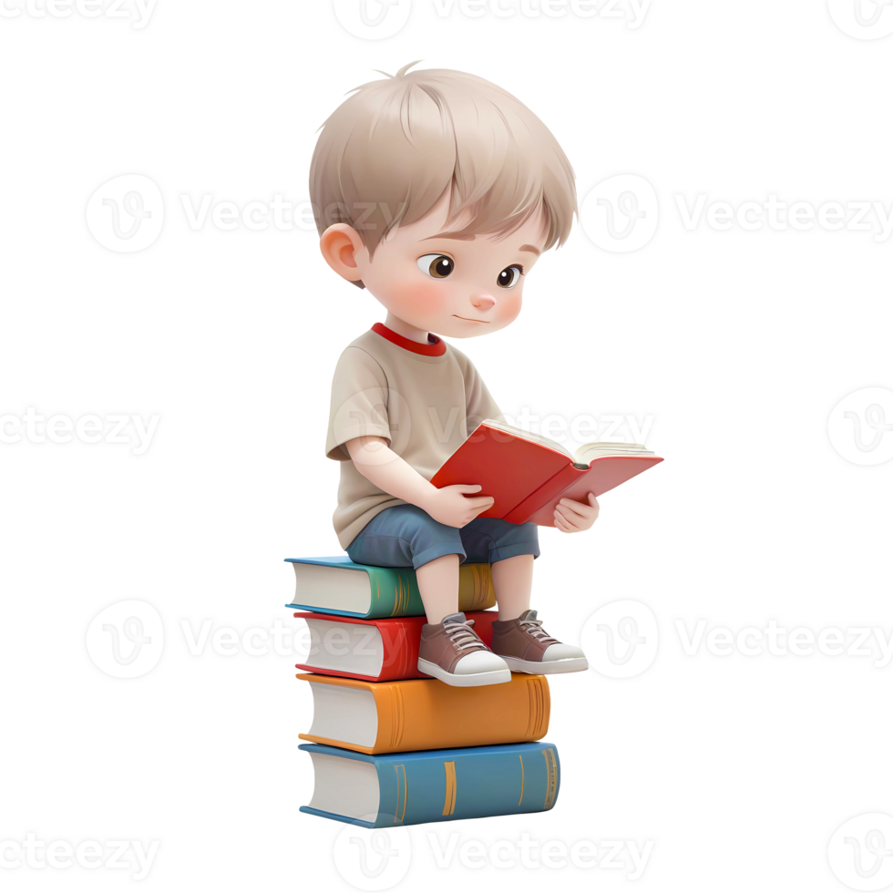 Boy cartoon character with open book and sitting on stack of books png