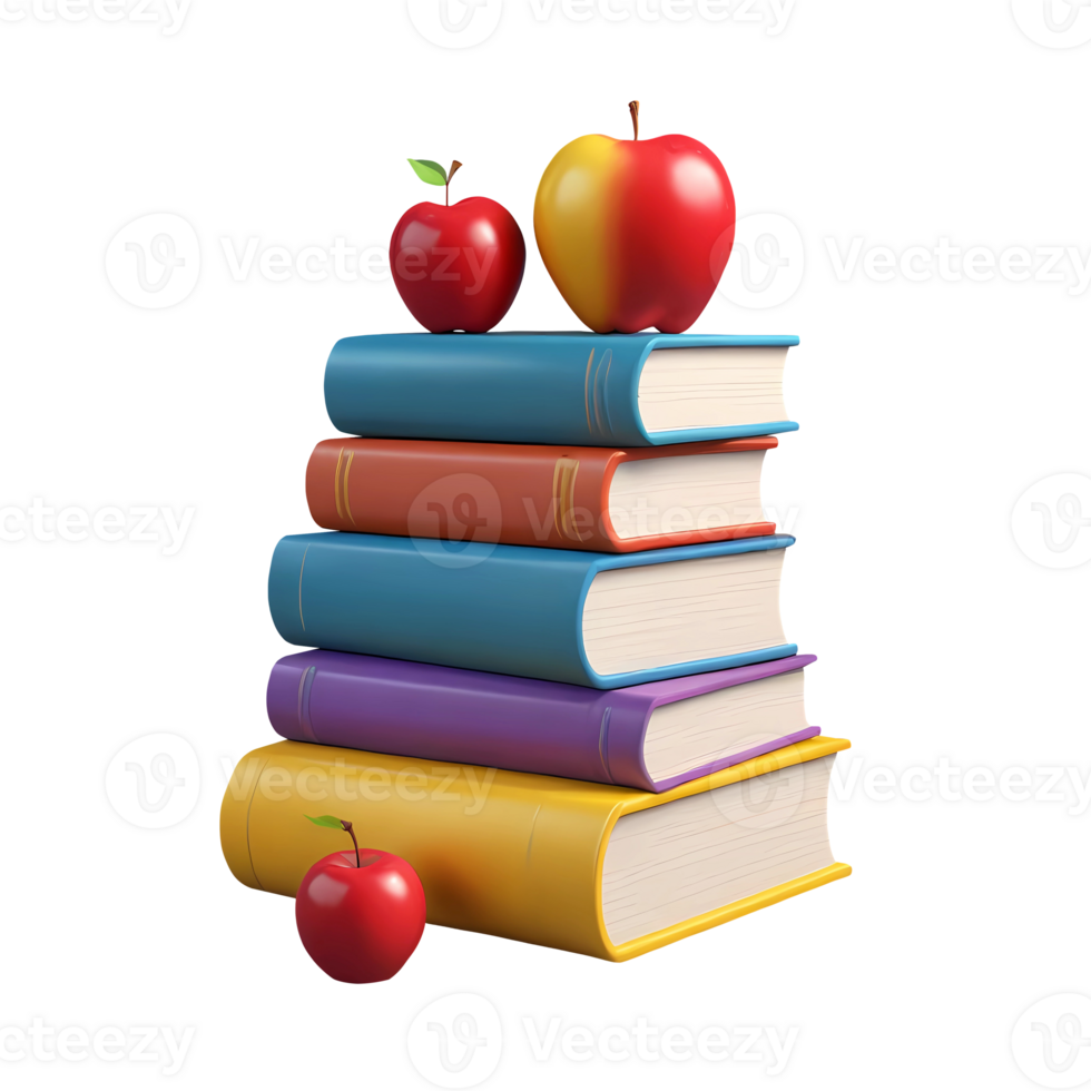 3d rendering stack of books with apples png