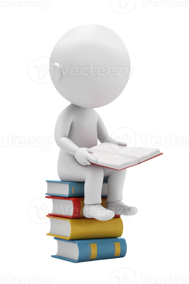 3d rendering cartoon character with open book and sitting on stack of books png
