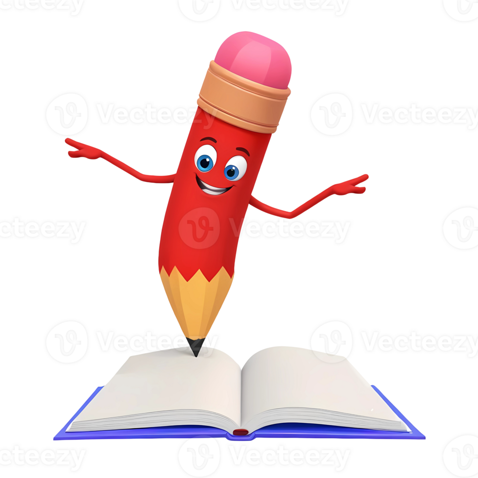 3d rendering smiling red pencil cartoon character with book png