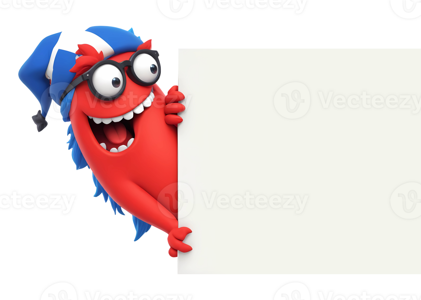 3d rendering red monster cartoon character wearing glasses and holding blank sign board png