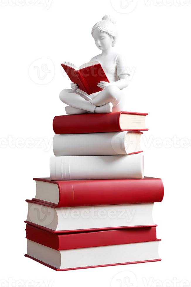 3d rendering woman cartoon character with open book and sitting on stack of books png