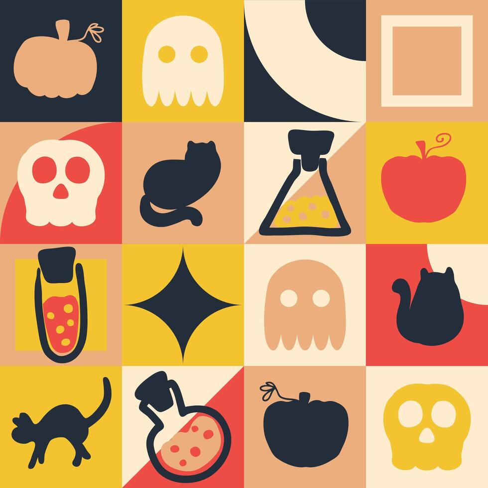 Geometric magic Halloween checkered seamless pattern. Witchcraft print for banner, textile, fabric, paper, label, sale. Hand drawn illustration. vector