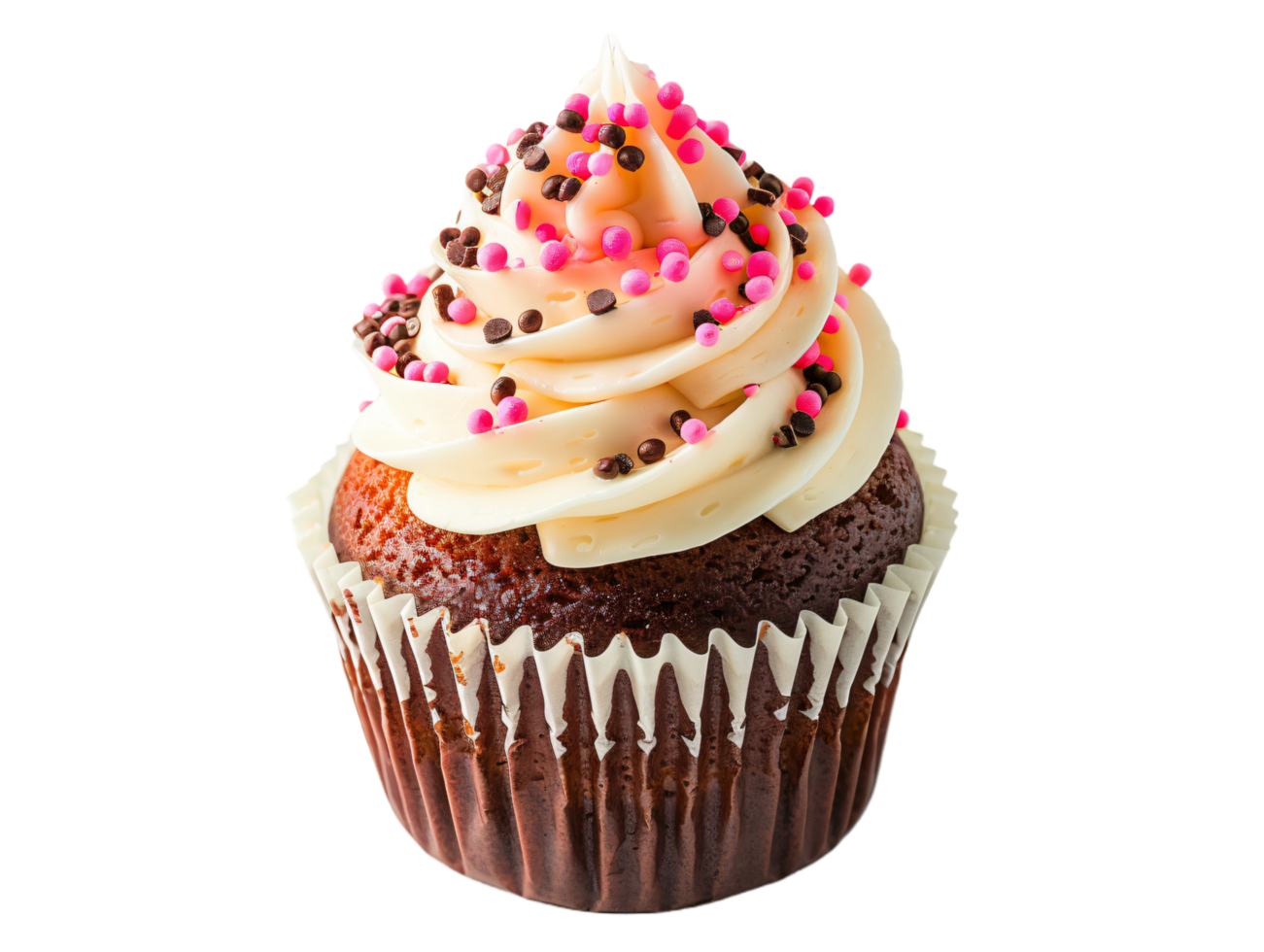 Delicious chocolate cupcake topped with vanilla frosting, pink and brown sprinkles. png