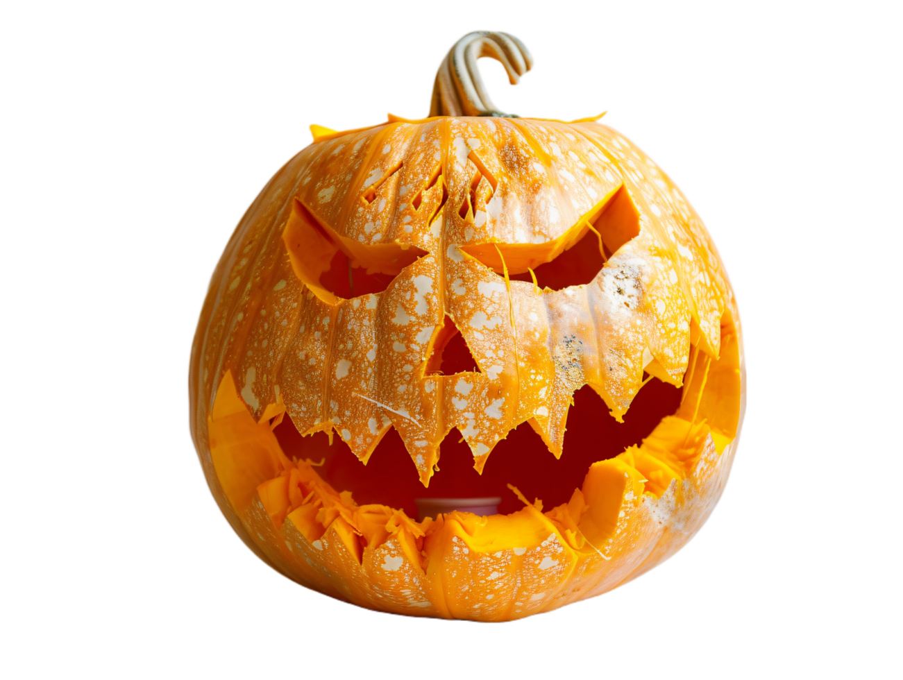 Carved pumpkin with spooky face on black background. png