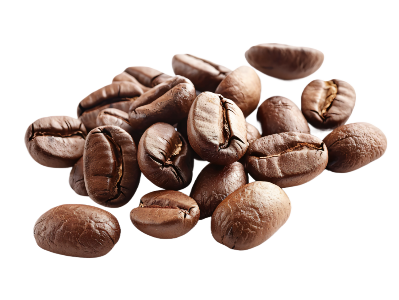 Close-up of roasted coffee beans isolated on black background. png
