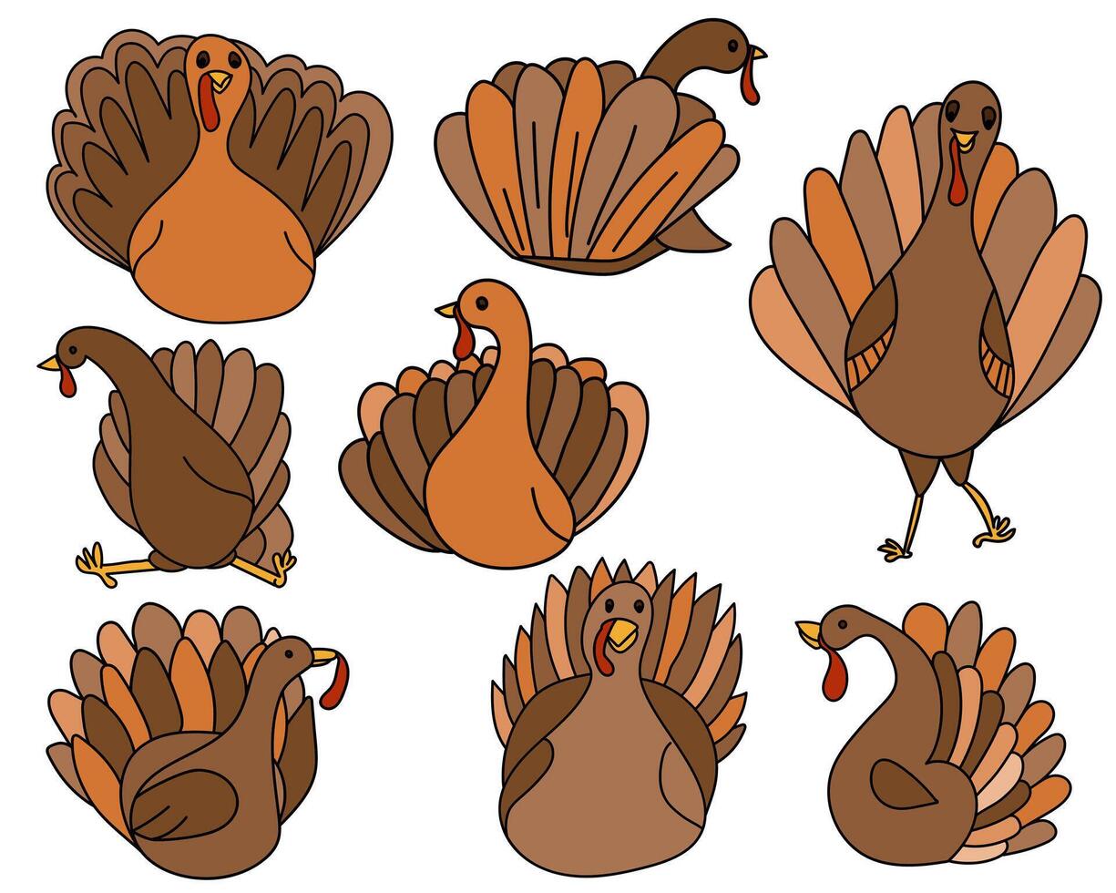 Set of turkeys in doodle style, cute birds symbolizing Thanksgiving Day in various poses vector