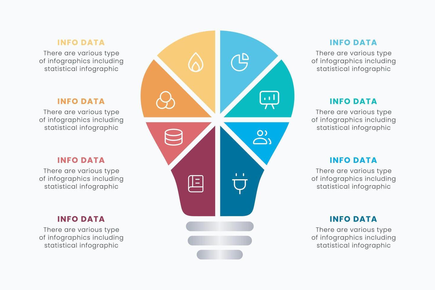 Idea light bulb infographic template for growth diagram, graph, presentation, chart. Business startup idea lamp concept with 8 options vector