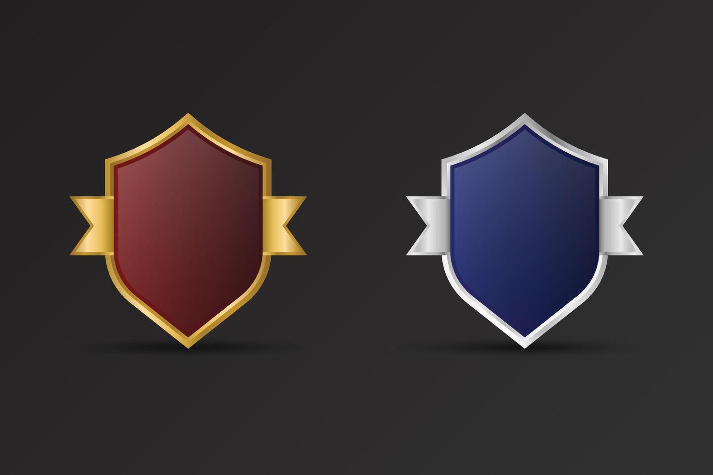 Luxurious golden and silver shield for promotional use. Blank shield with red and blue colors for advertisement. Subscriber, Award, Achievement badge on a dark background. Badge design for sale. vector