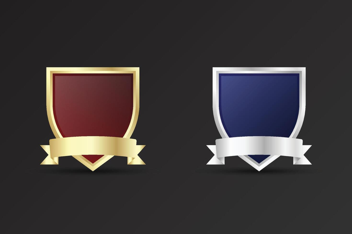Special police and security badge design with red and blue colors. Blank shield and badge element on a dark background. Luxurious golden and silver badge with ribbons and text space. Shield design. vector