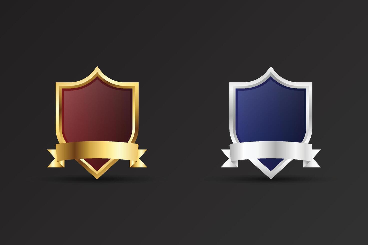 Simple sheriff badge design with golden and silver colors and ribbon. Shield shape badge with luxury red and blue colors. Blank badge element with text space on a dark background. vector