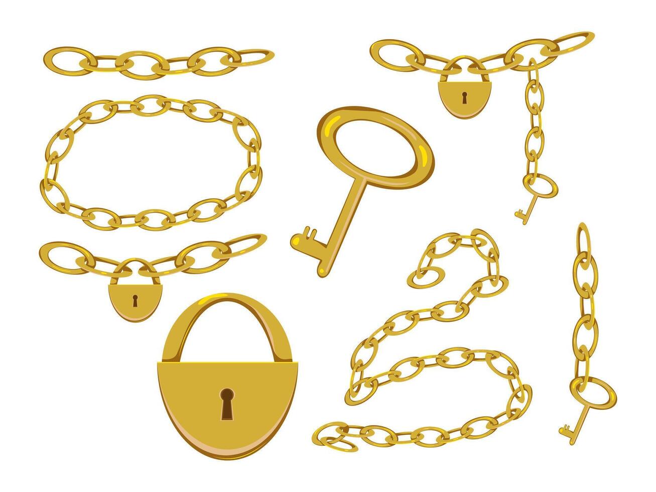 A set of gold products in the form of chains, a key, a lock on a white background vector