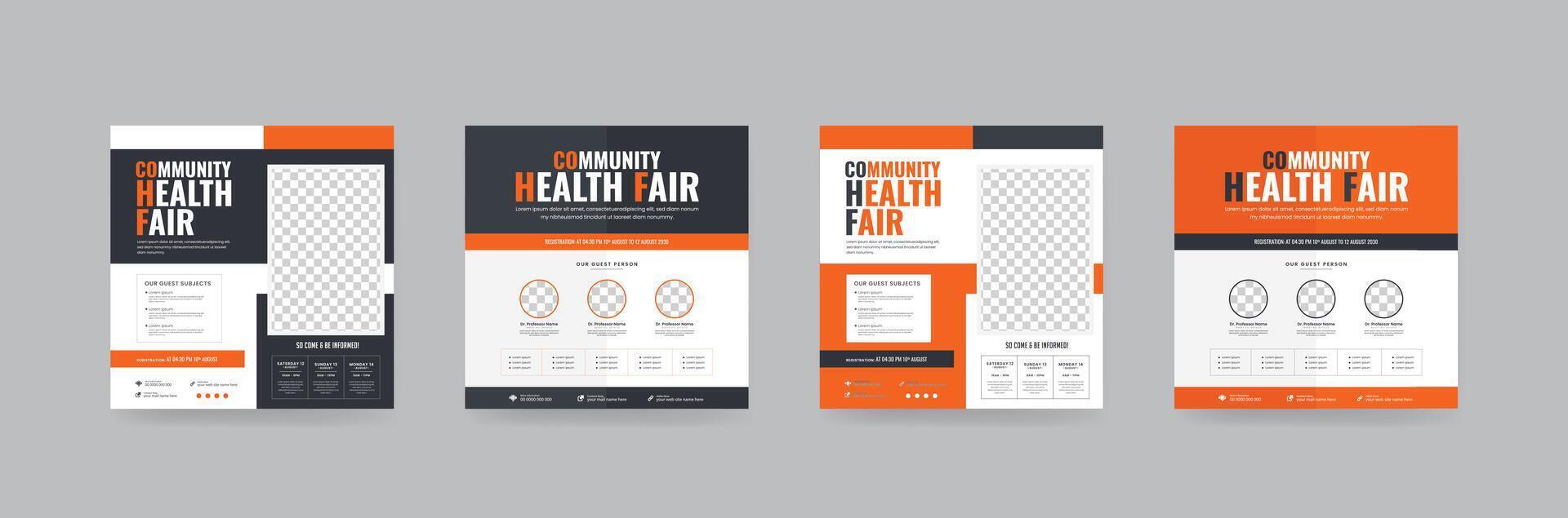 Set of Community health Fair Square Banner Design. Suitable for medical health and healthcare live webinar square Flyer. Perfect for any poster, web banner or social media post. vector