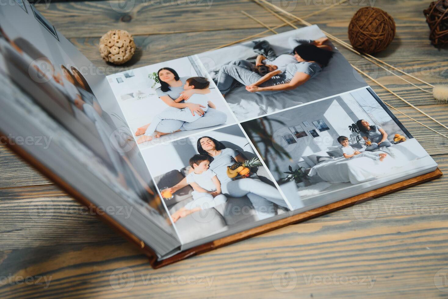 Luxury wooden photo book on natural background. Family memories photobook. Save your summer vacation memories.