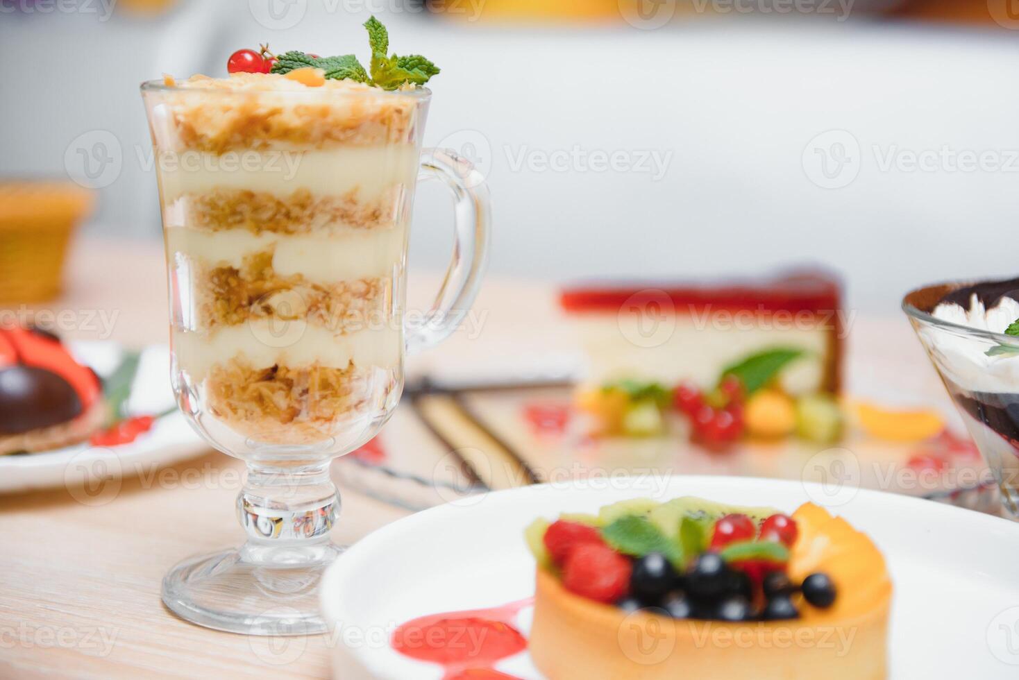 different desserts on the table in a cafe photo