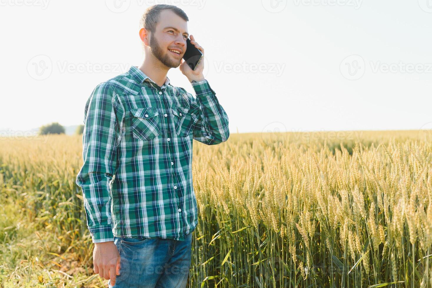 Farmer talking on mobile phone in the field on a sunny day photo