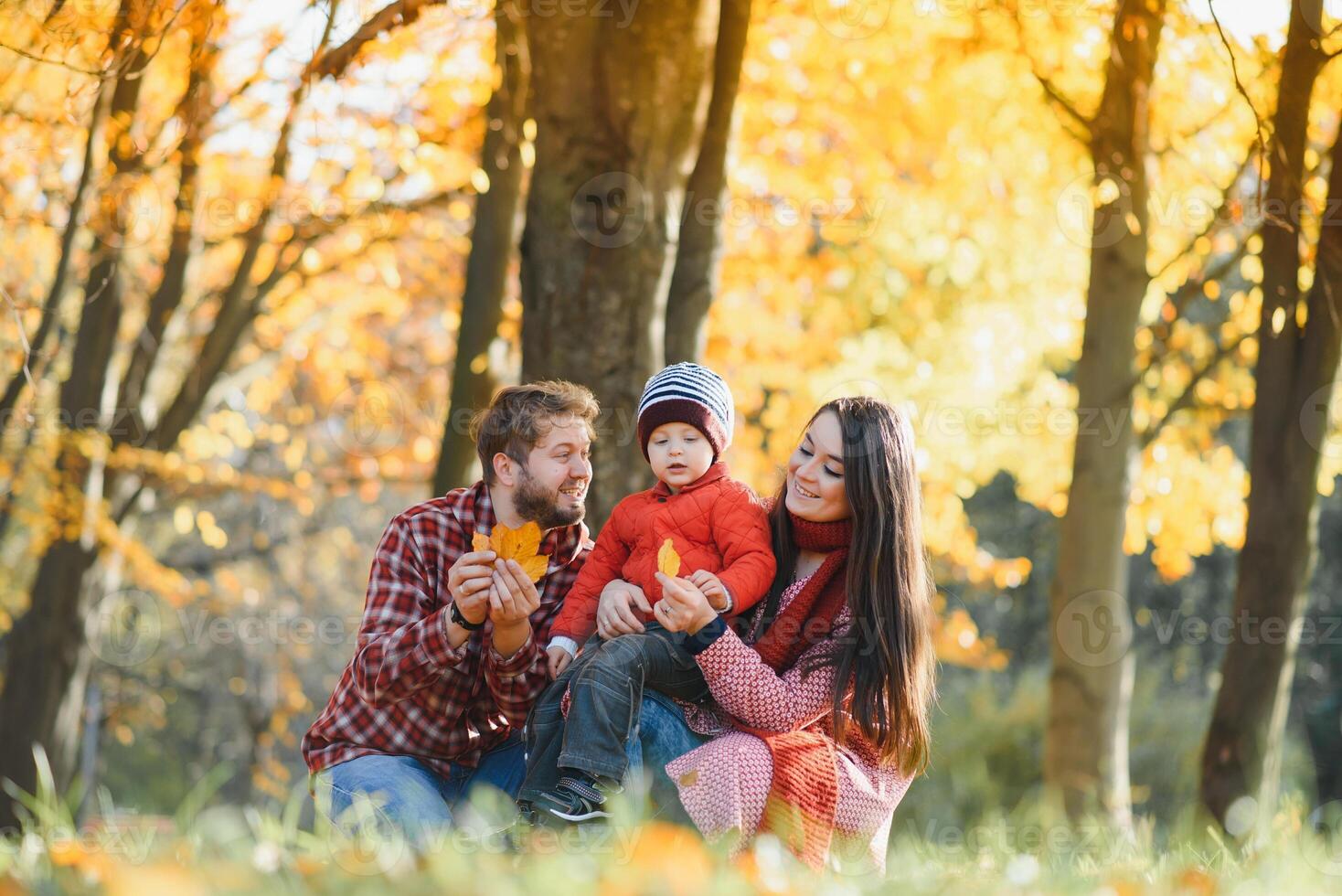 happy young family spending time outdoor in the autumn park photo