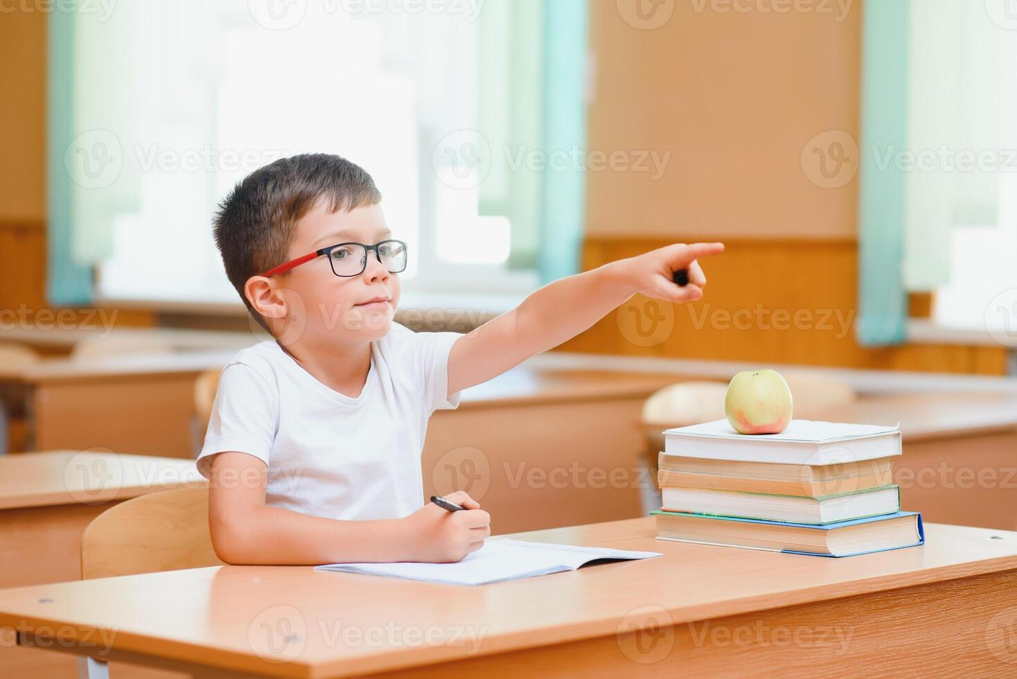 Concentrated schoolboy sitting at desk and writing in exercise book with classmate sitting behind photo