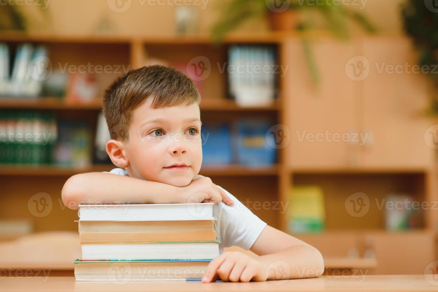 education and school concept - smiling little boy with many books at school photo
