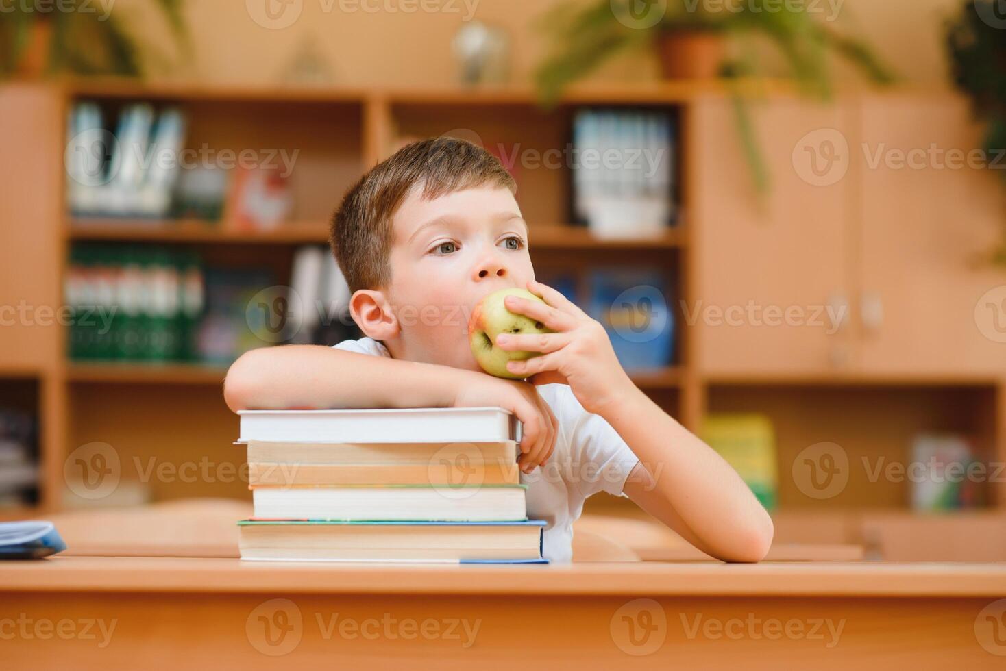 Portrait of cute boy on top of book stack. The concept of learning in primary school. photo