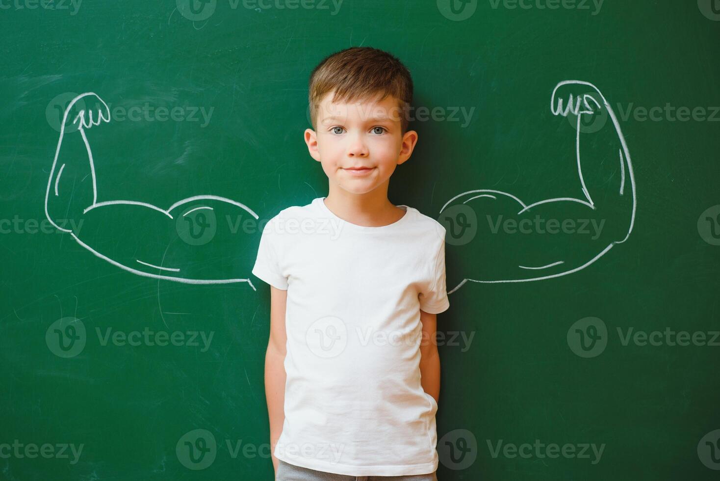 Cute child boy in school uniform and glasses. Go to school for the first time. Child with school bag and books. Kid in class room near chalkboard with muscles on it. Back to school photo