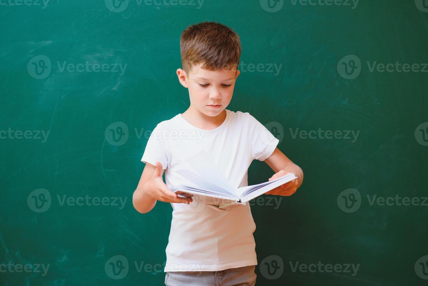 Funny schoolboy near the green school board in the classroom. Elementary school. Back to school. photo