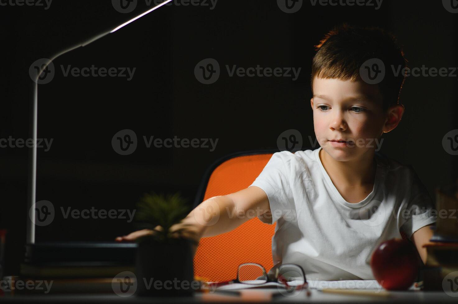 Boy learn lessons in the home setting at the table in the light of a table lamp. photo