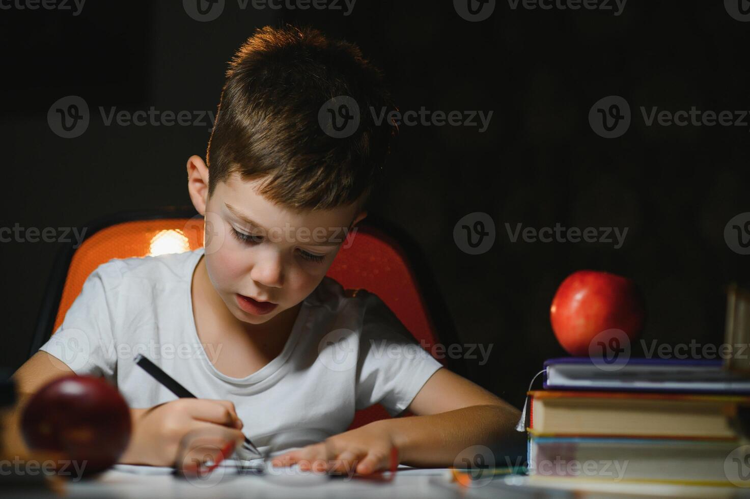 Boy learn lessons in the home setting at the table in the light of a table lamp. photo
