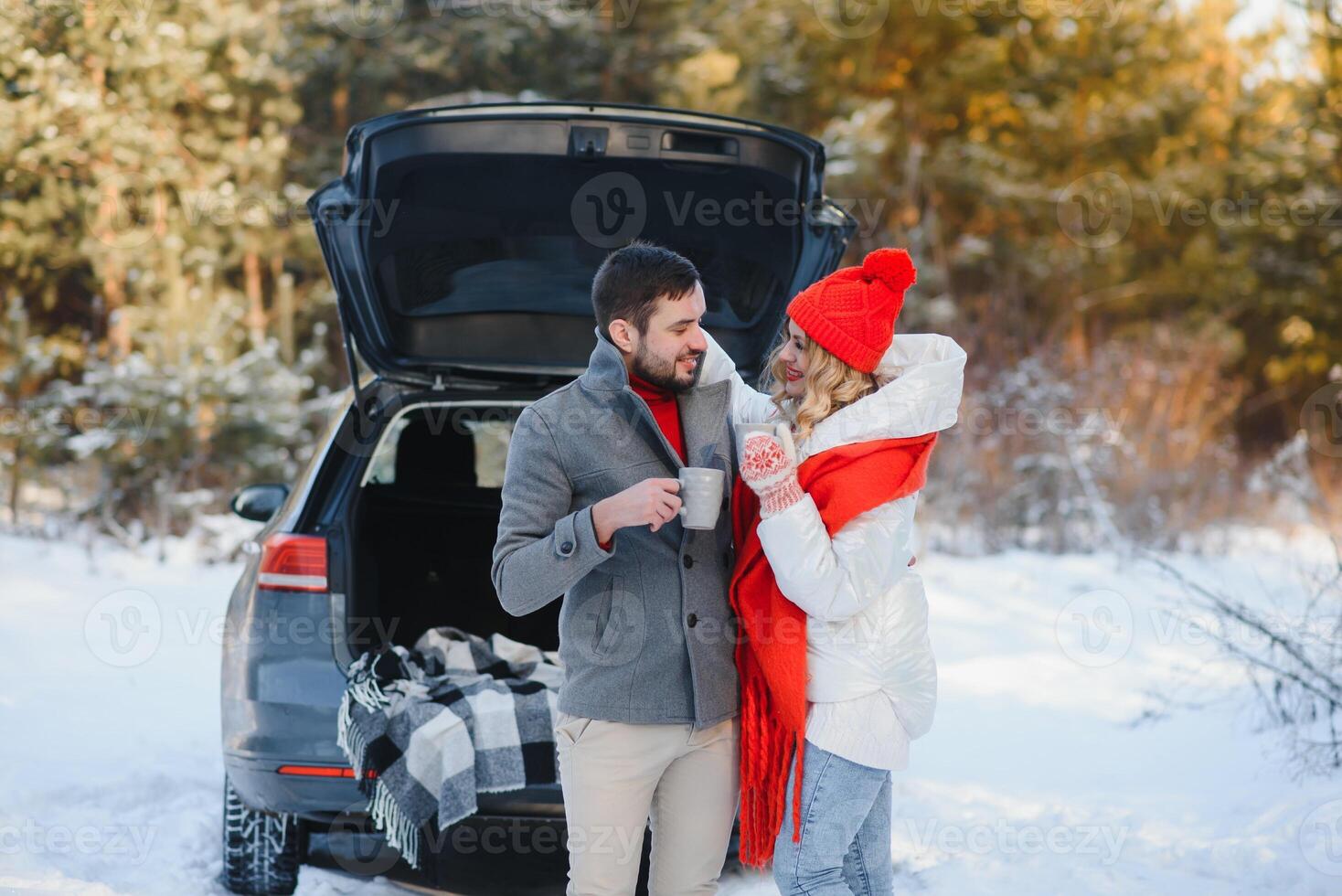 lovely smiling couple sitting in car trunk in winter forest photo
