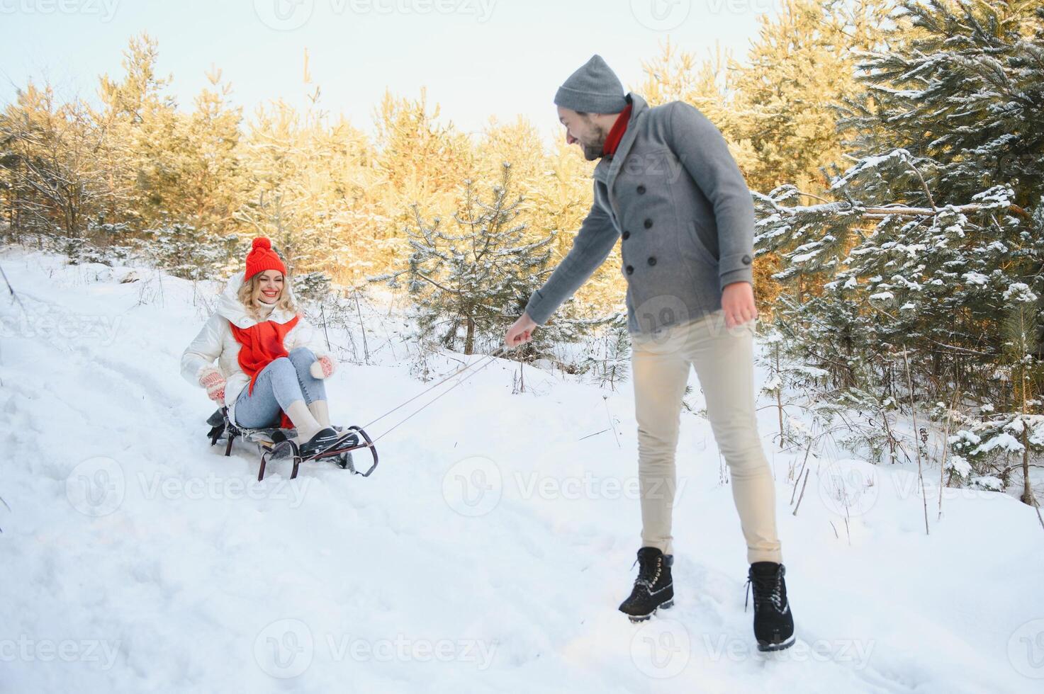 Two young people sliding on a sled photo