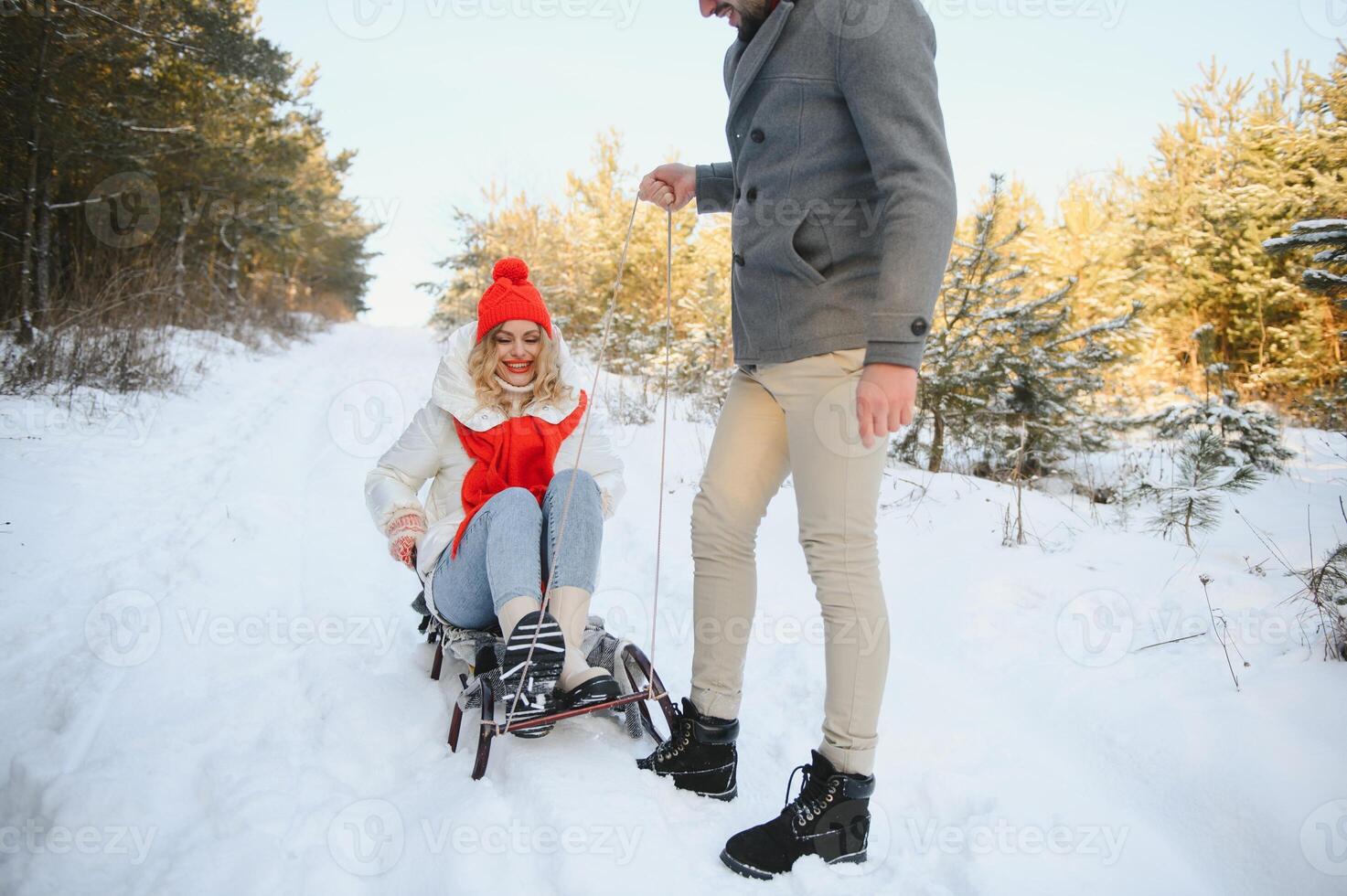 Young happy couple sledding in winter at forest photo