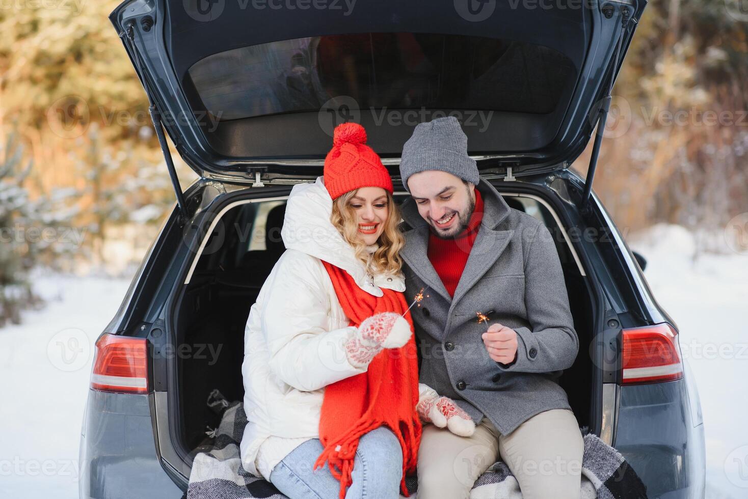 lovely smiling couple sitting in car trunk in winter forest photo