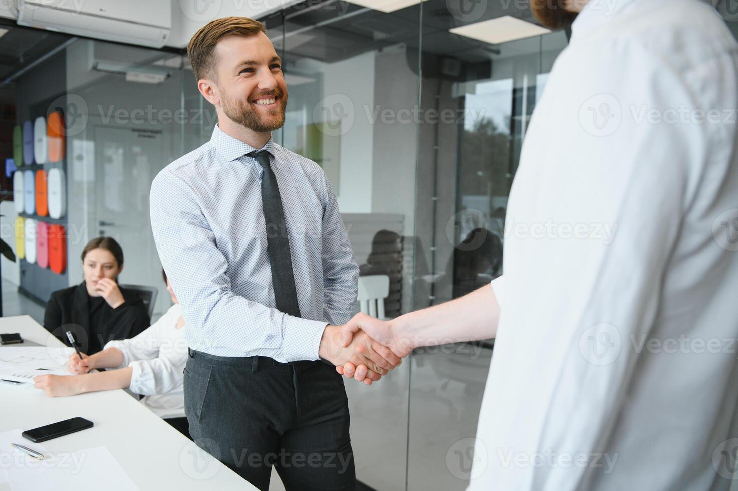 Smiling male business partners negotiators handshake start group office negotiation, company representatives welcoming shake hands at meeting getting acquainted expressing respect make financial deal photo