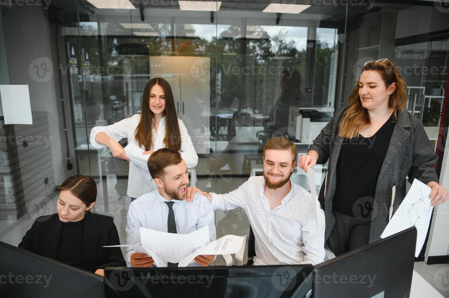 Corporate business team and manager in a meeting room at modern office with panoramic windows. Business concept photo