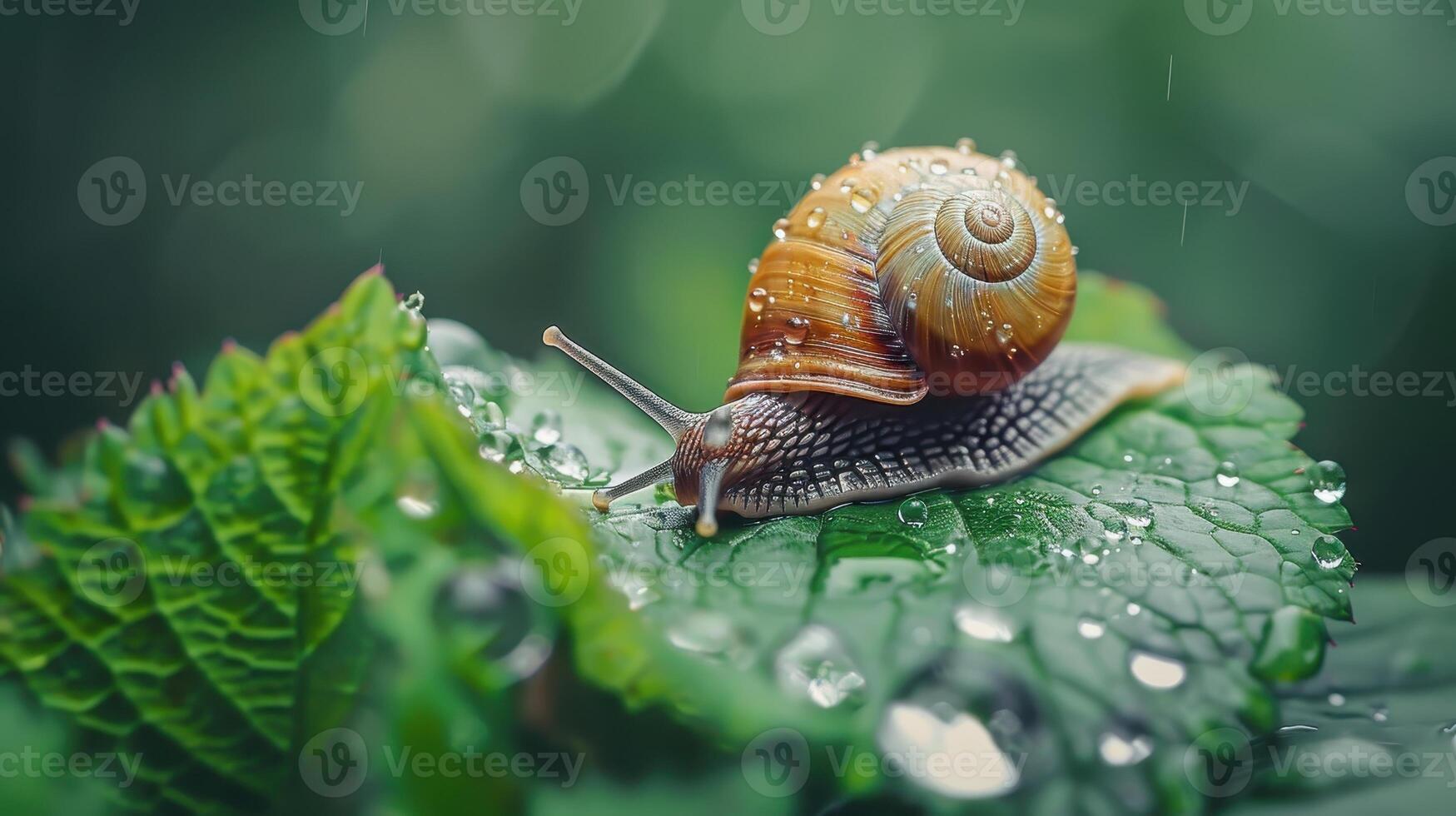 A Snail Crawling on a Wet Leaf in a Lush Garden photo