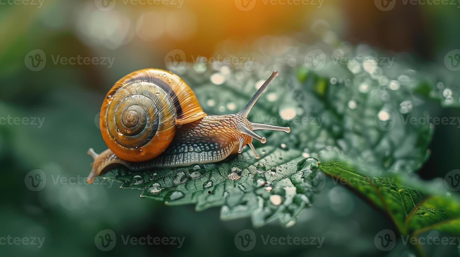 Snail Crawling on a Dew-Covered Leaf in the Morning Sunlight photo