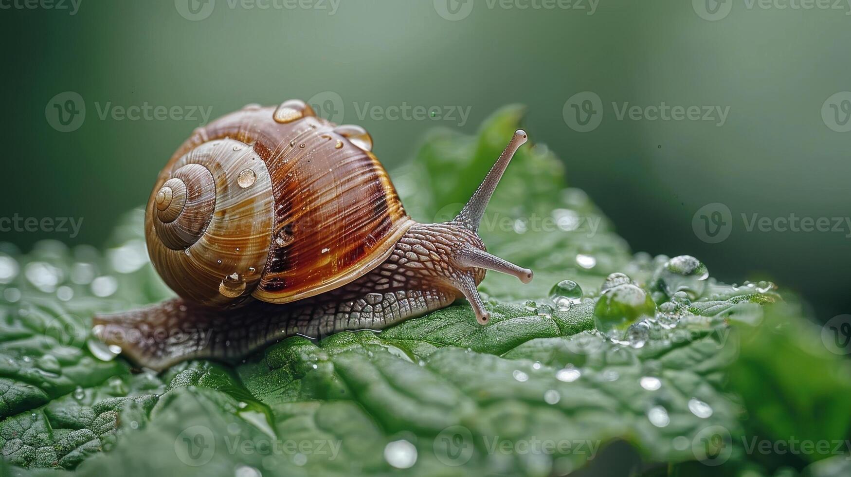 A Snail Crawls on a Dew-Covered Leaf in a Garden photo