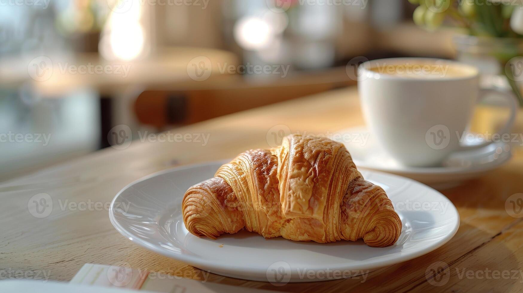 Freshly Baked Croissant on White Plate in Cafe Setting photo