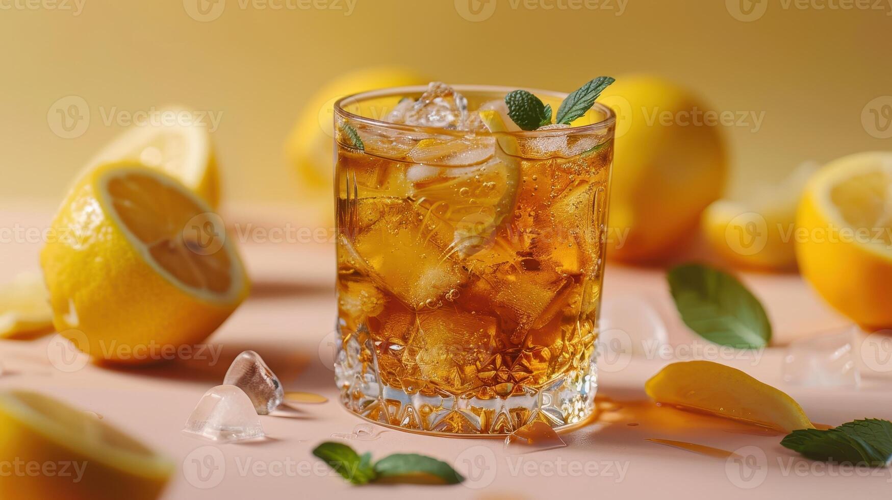Iced Tea With Lemon and Mint on a Peach-Colored Background photo