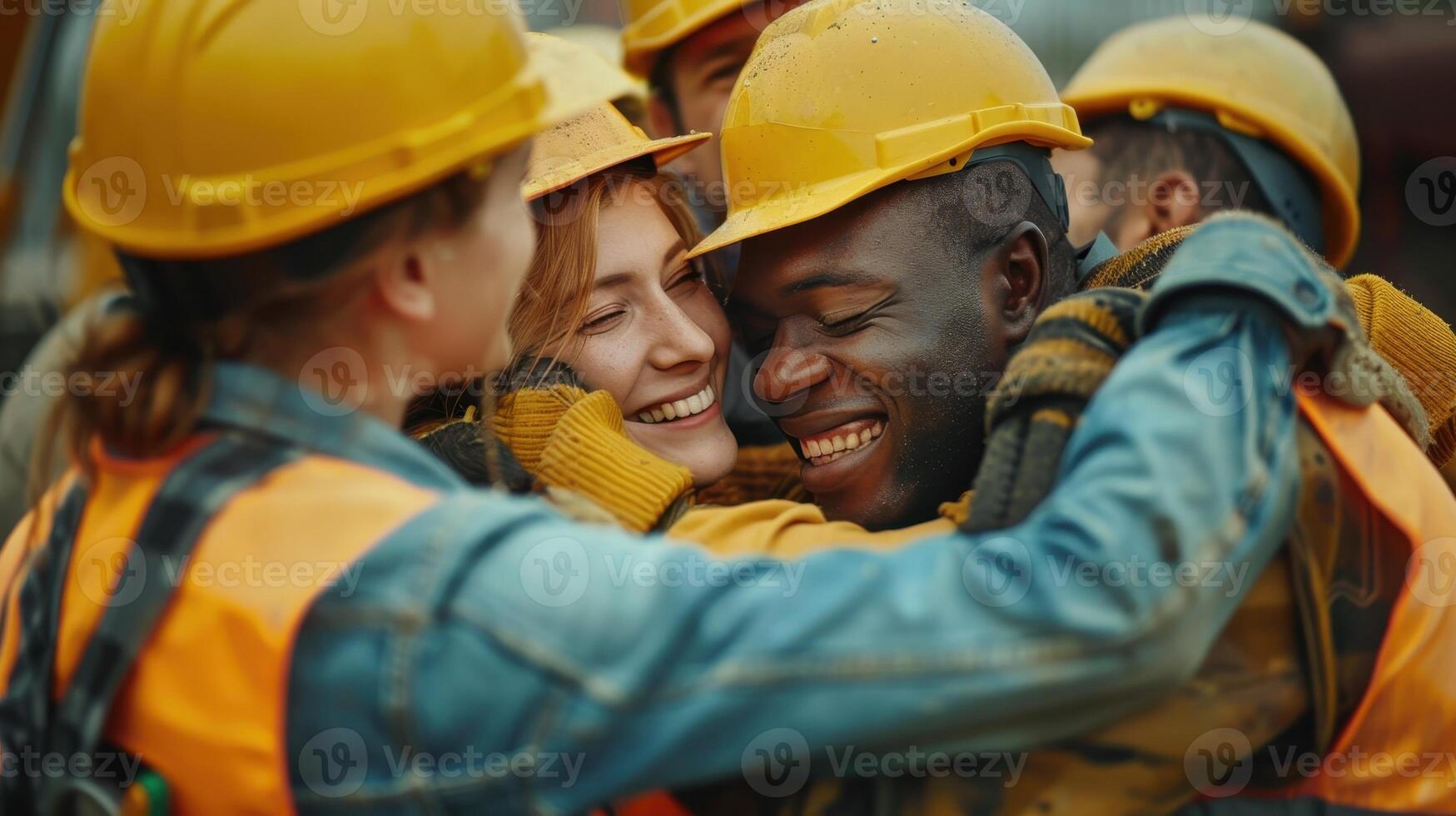 Construction Workers Celebrate Project Completion With Group Hug photo