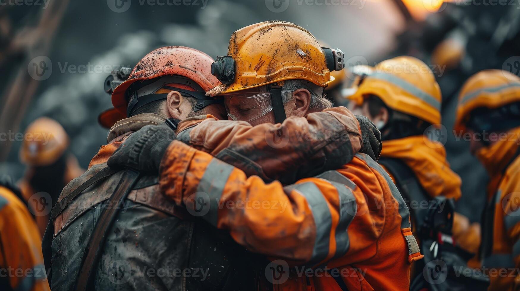 Firefighters Hug After Completing a Difficult Mission photo