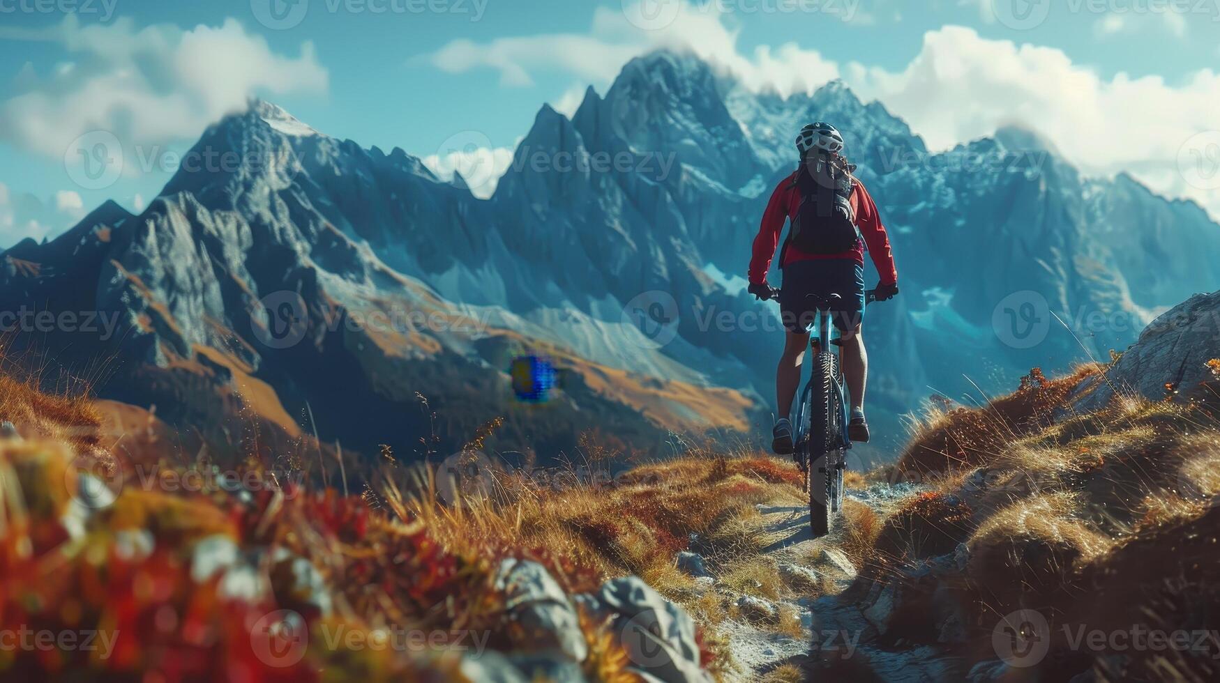 Mountain Biker Descending a Trail in the French Alps on a Sunny Autumn Day photo