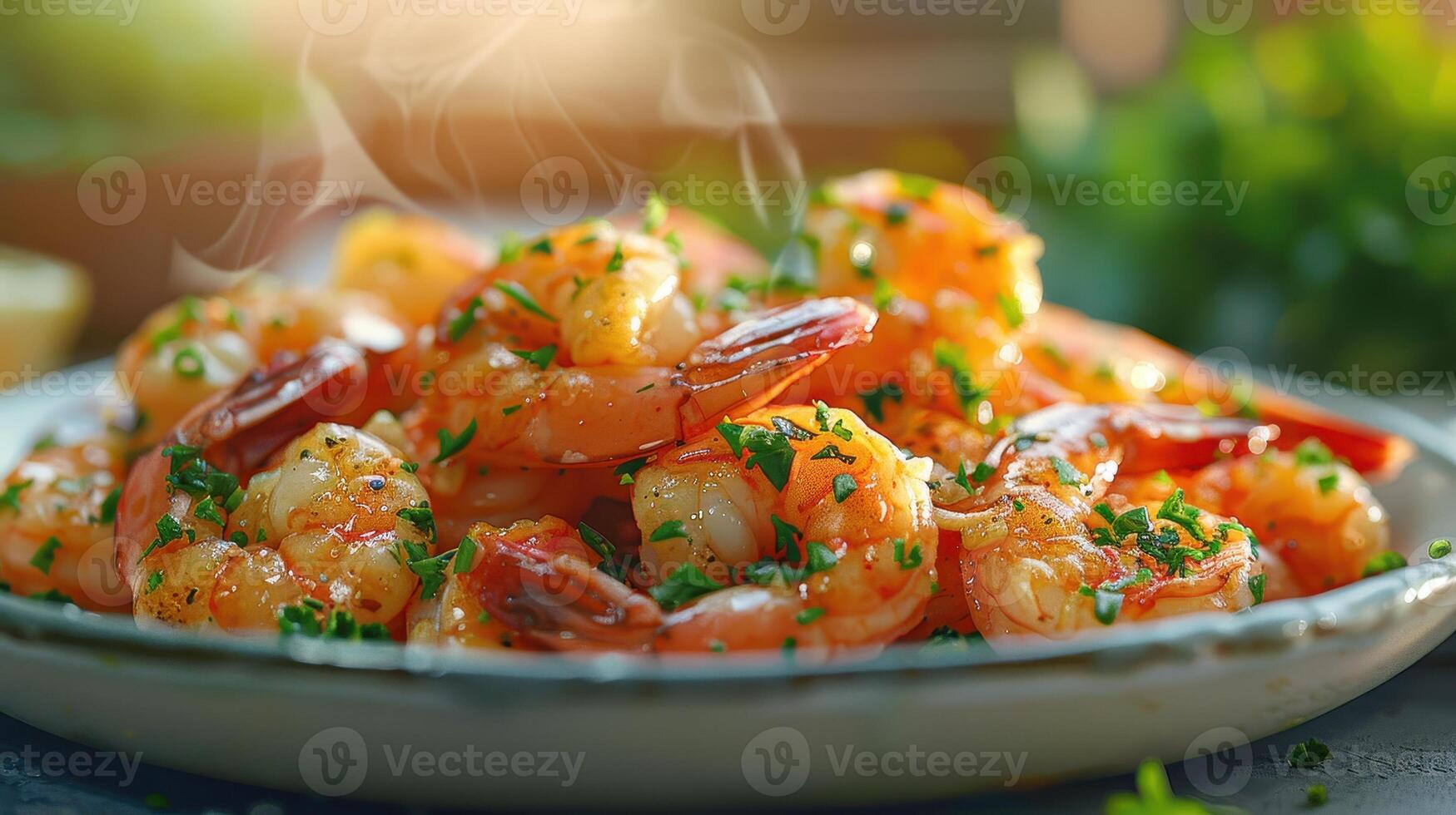 Steaming Plate of Cooked Shrimp With Parsley Garnish photo