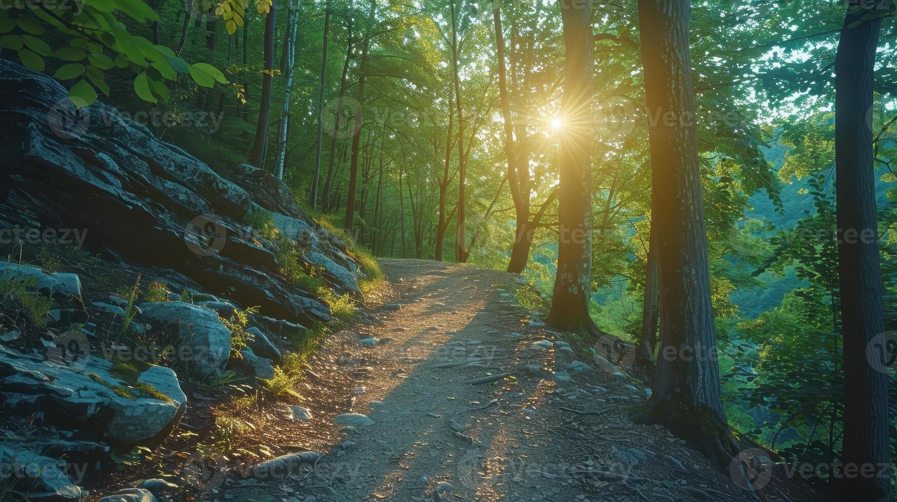 Sunlit Forest Path Winding Through Lush Green Trees photo